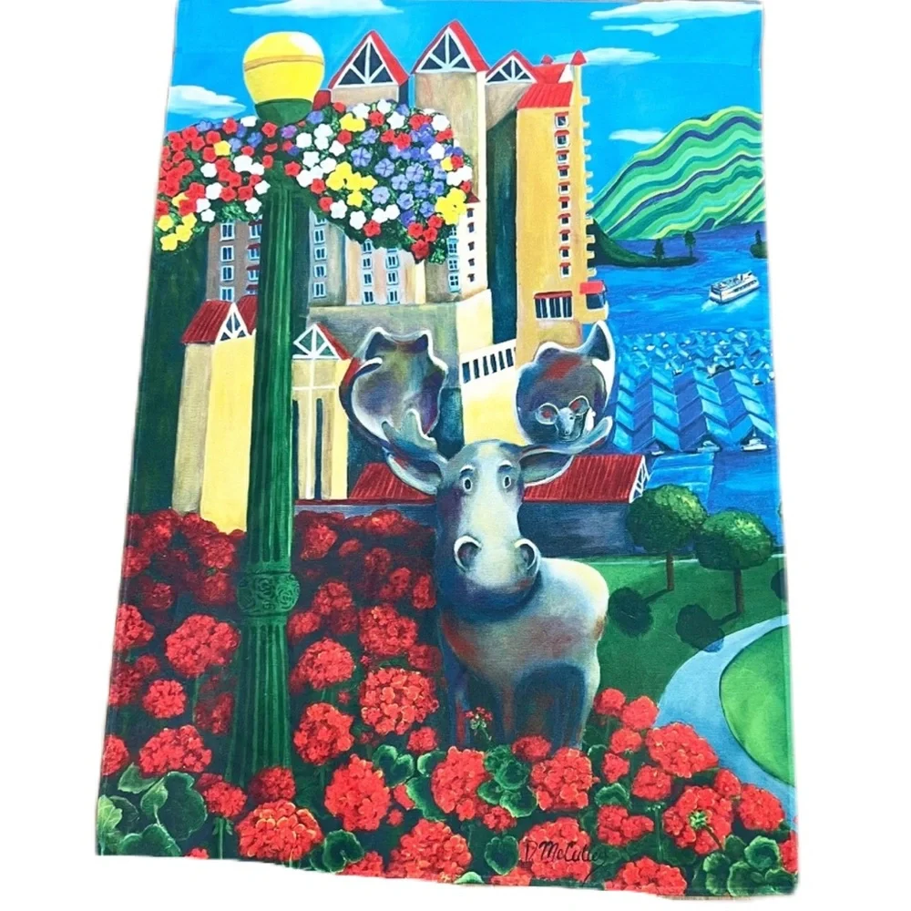 D McCulley Moose in the City Floral Flag Tapestry Wall Hanging Decor